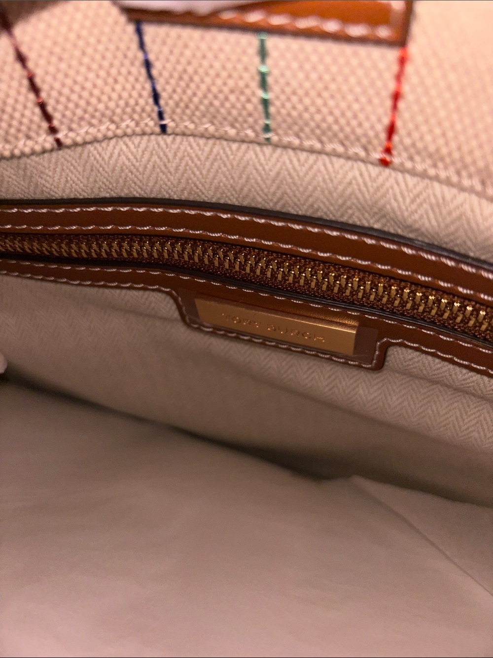 Tory Burch Cream Canvas Tote with Multicolor Logo and Stripes - Picture 6 of 8